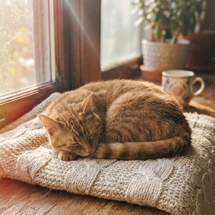 A cat asleep on a knit blanket in a sunlit window, sent as a photo